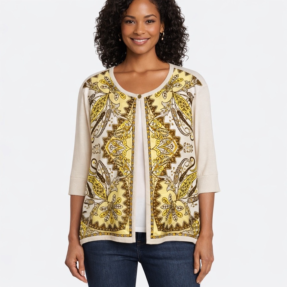 Talbots Womens Silk Cotton Paisley Print Short Sleeve Cardigan Sweater Cream L